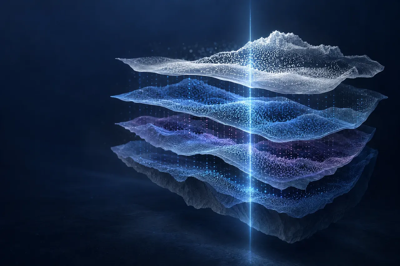 Abstract visualization of layers of portfolio quality being examined by an analysis beam